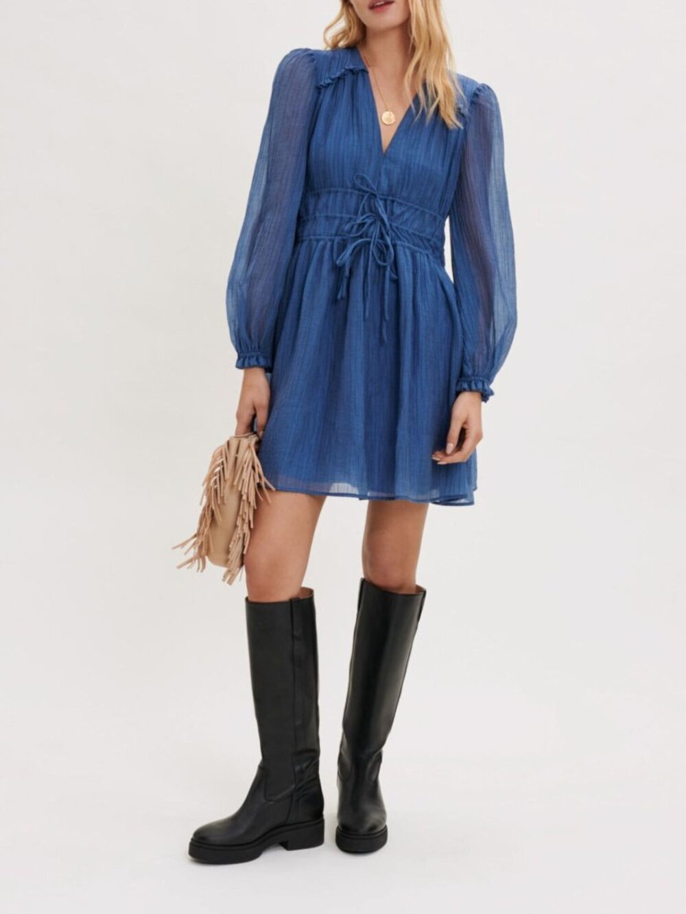 maje Voile Dress With Fitted Waist Mini Blue Long Sleeve Plisse F 36 US Small